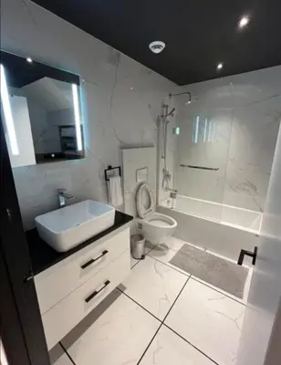 a bathroom with a sink and a toilet and a shower at Luxury apartment in Mont Royal in Montréal