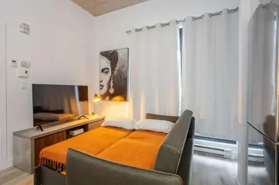 a bedroom with a bed and a television in it at Elegant 1BR Retreat and Chic Stay in Old Port in Montréal