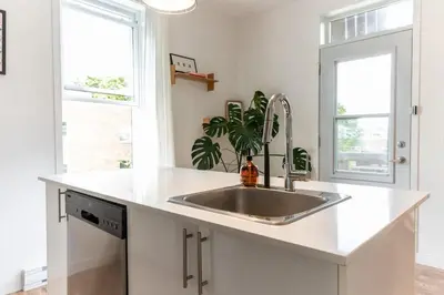 a kitchen with a sink and two windows at Appart lumineux et chaleureux in Montréal