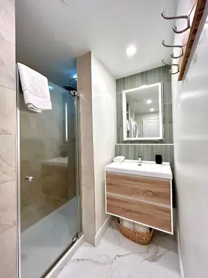 a bathroom with a shower and a sink and a mirror at MTLVacationRentals - The City Chalet in Montréal