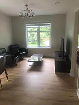 a living room with a couch and a table at Peaceful oasis near airport private entrance in Pointe-Claire