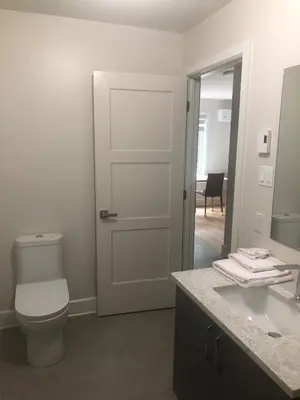 a bathroom with a toilet and a sink and a mirror at Peaceful oasis near airport private entrance in Pointe-Claire