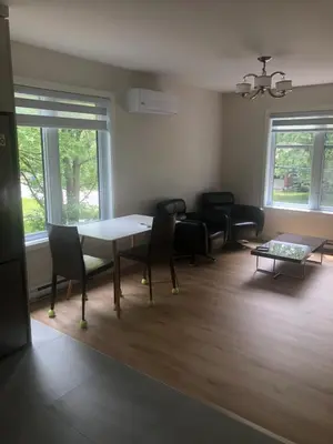a living room with a table and chairs and a couch at Peaceful oasis near airport private entrance in Pointe-Claire