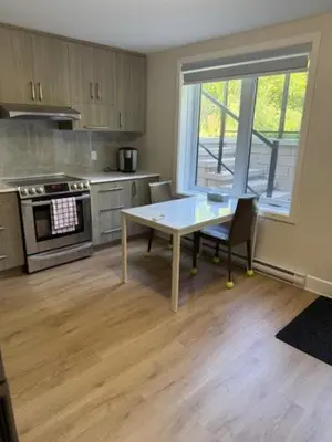 a kitchen with a table and a stove and a window at All inclusive pied à terre near airport 2nd bed extra twenty dollars cash in Pointe-Claire