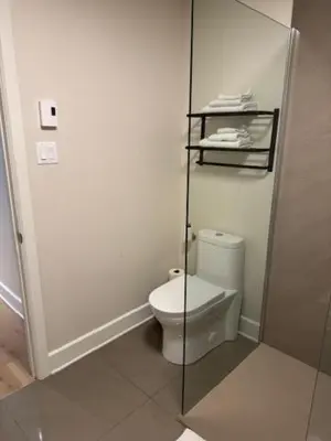 a bathroom with a toilet and a glass shower at All inclusive pied à terre near airport 2nd bed extra twenty dollars cash in Pointe-Claire