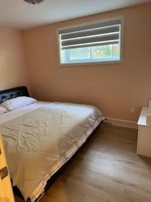 a small bedroom with a bed and a window at All inclusive pied à terre near airport 2nd bed extra twenty dollars cash in Pointe-Claire