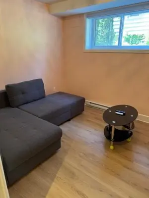 a living room with a couch and a table at All inclusive pied à terre near airport 2nd bed extra twenty dollars cash in Pointe-Claire