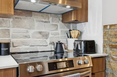 a kitchen with a stove and a stone wall at Escapade Chambly in Chambly