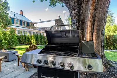 a barbecue grill sitting next to a tree at Escapade Chambly in Chambly