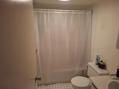 a bathroom with a white shower curtain and a toilet at Nun island in Montréal