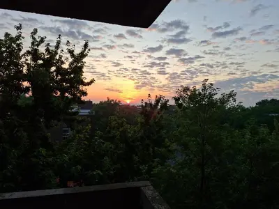a sunset seen from a balcony with trees at Nun island in Montréal