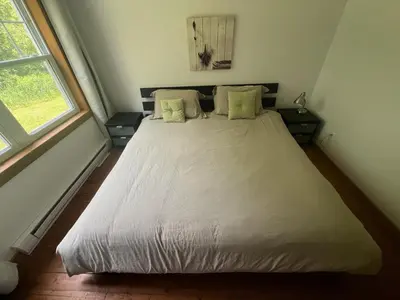 a bedroom with a large white bed with two windows at Simple de nature in Austin