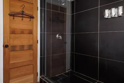 a shower with black tiled walls and a wooden door at Downtown Heritage House and Free Parking in Joliette
