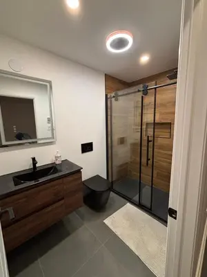 a bathroom with a shower and a sink and a toilet at Cosy Cabin apt in Montreal in Montréal