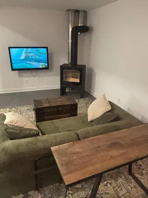 a living room with a couch and a stove at Cosy Cabin apt in Montreal in Montréal