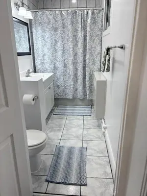 a small bathroom with a toilet and a shower at Shope & Stay Central 7 in Montréal