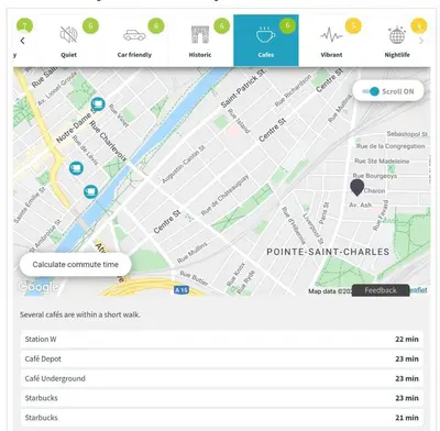 a screenshot of a google maps app with a map at Cohabs Montréal in Montréal