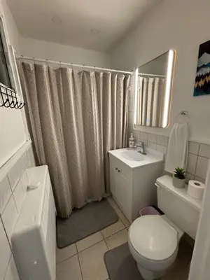 a bathroom with a toilet and a sink and a mirror at Shop & Stay Central 8 in Montréal