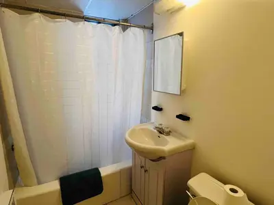 a bathroom with a sink and a toilet and a shower at Modern City Apartment Living in the Golden Square Mile in Montréal