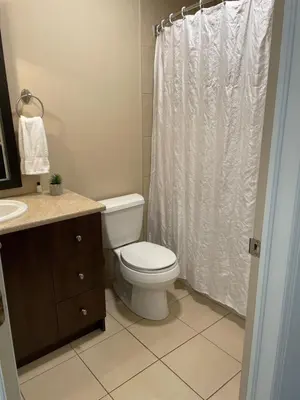 a bathroom with a toilet and a shower curtain at Superbe ski-in ski-out condo in Bromont