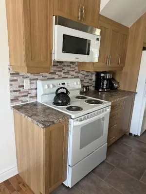 a kitchen with a white stove and a microwave at Chambre queen near Montreal in Sainte-Catherine