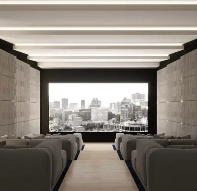 a waiting room with chairs and a large window at Luxurious condo dowtown Montréal in Montréal