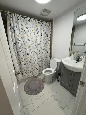 a bathroom with a shower curtain with a toilet and a sink at Private Basement Suite in Laval in Laval