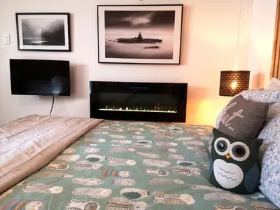 a bedroom with a bed and a fireplace at Private Hummingbird Room - Modern & Cozy in Mansonville