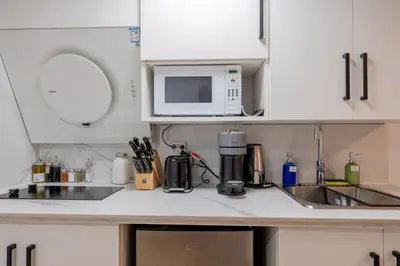 a kitchen with a sink and a microwave at Renovated Studio w Parking Queen Bed and Sofa Bed in Montréal