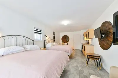 a bedroom with two beds and a flat screen tv at Suite 3 - Val-Racine in Notre-Dame-Des-Bois