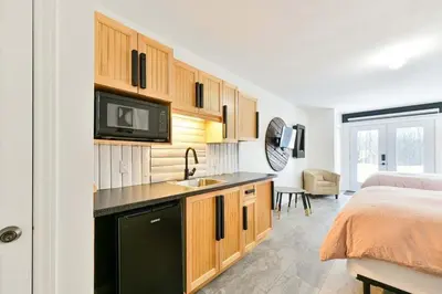 a kitchen with a sink and a bed in a room at Suite 3 - Val-Racine in Notre-Dame-Des-Bois