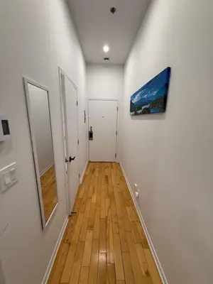 a hallway with two doors and a painting on the wall at Charming Apartment downtown Montreal with Parking & Pet-Friendly in Montréal