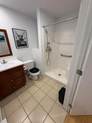 a bathroom with a shower and a toilet and a sink at Charming Apartment downtown Montreal with Parking & Pet-Friendly in Montréal