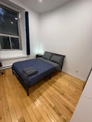 a bedroom with a bed in a room with a window at Charming Apartment downtown Montreal with Parking & Pet-Friendly in Montréal