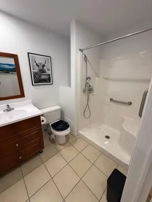 a bathroom with a shower and a toilet and a sink at Charming Apartment downtown Montreal with Parking & Pet-Friendly in Montréal