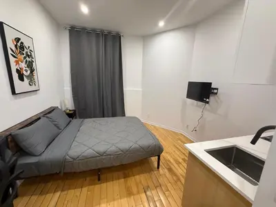a small bedroom with a bed and a sink at Cozy studio with Parking near downtown in Montréal