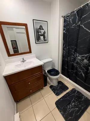 a bathroom with a sink and a toilet and a shower at Cozy studio with Parking near downtown in Montréal
