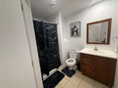 a bathroom with a shower and a toilet and a sink at 1 bedroom apartment near Montreal downtown with parking in Montréal