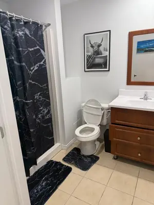 a bathroom with a toilet and a sink and a shower at Well located studio with Parking near Downtown Montreal in Montréal