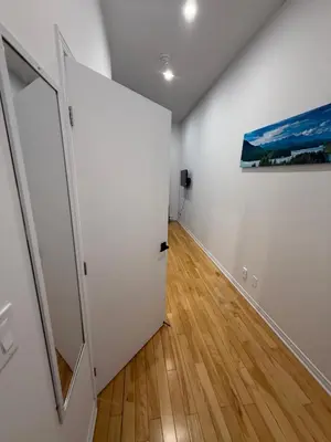 a hallway with a door and a painting on the wall at Well located studio with Parking near Downtown Montreal in Montréal