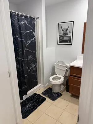 a bathroom with a toilet and a black shower curtain at Well located studio with Parking near Downtown Montreal in Montréal