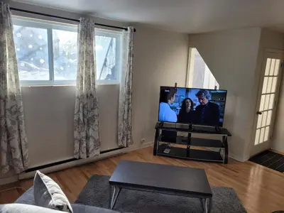 a living room with a flat screen tv and a couch at Spacious and comfortable accommodation in Longueuil
