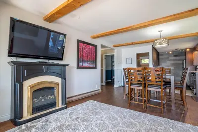 a living room with a fireplace and a flat screen tv at Spa & Lake Access - Le Chic Shack des 3 lacs in Trois-Lacs