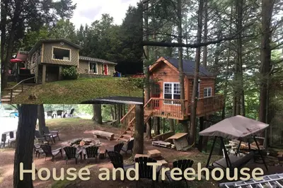 a house and tree house in the woods at House and treehouse near 2 ski resorts in Lac-Brome