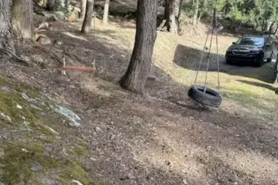 a tire swing hanging from a tree in the woods at House and treehouse near 2 ski resorts in Lac-Brome