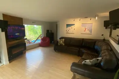 a living room with a leather couch and a flat screen tv at House and treehouse near 2 ski resorts in Lac-Brome