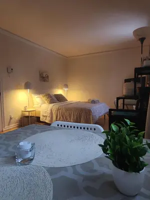 a room with two beds and a table with a plant at Chambre Zen, Résidence paisible près de Montréal in Longueuil