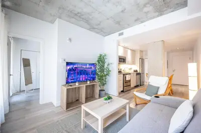 a living room with a couch and a tv at Spacious Apartment in Old Port Montreal in Montréal