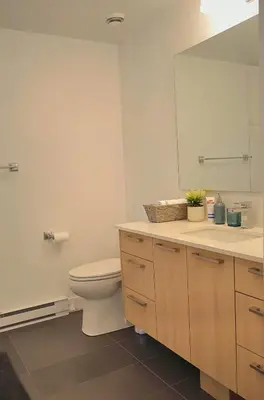 a bathroom with a toilet and a large mirror at Urban Serenity NDG in Montréal