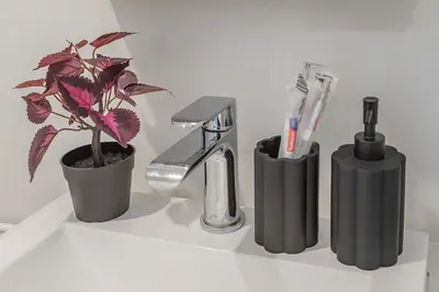 a bathroom sink with a faucet and a plant on it at Cozy Corner - Modern 1BR in MTL in Montréal